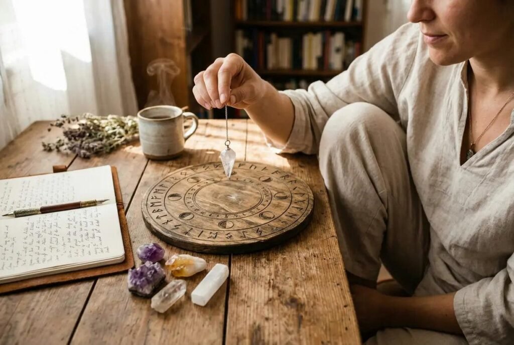 Dona sostenint un pèndol sobre una taula de fusta mentre pren notes