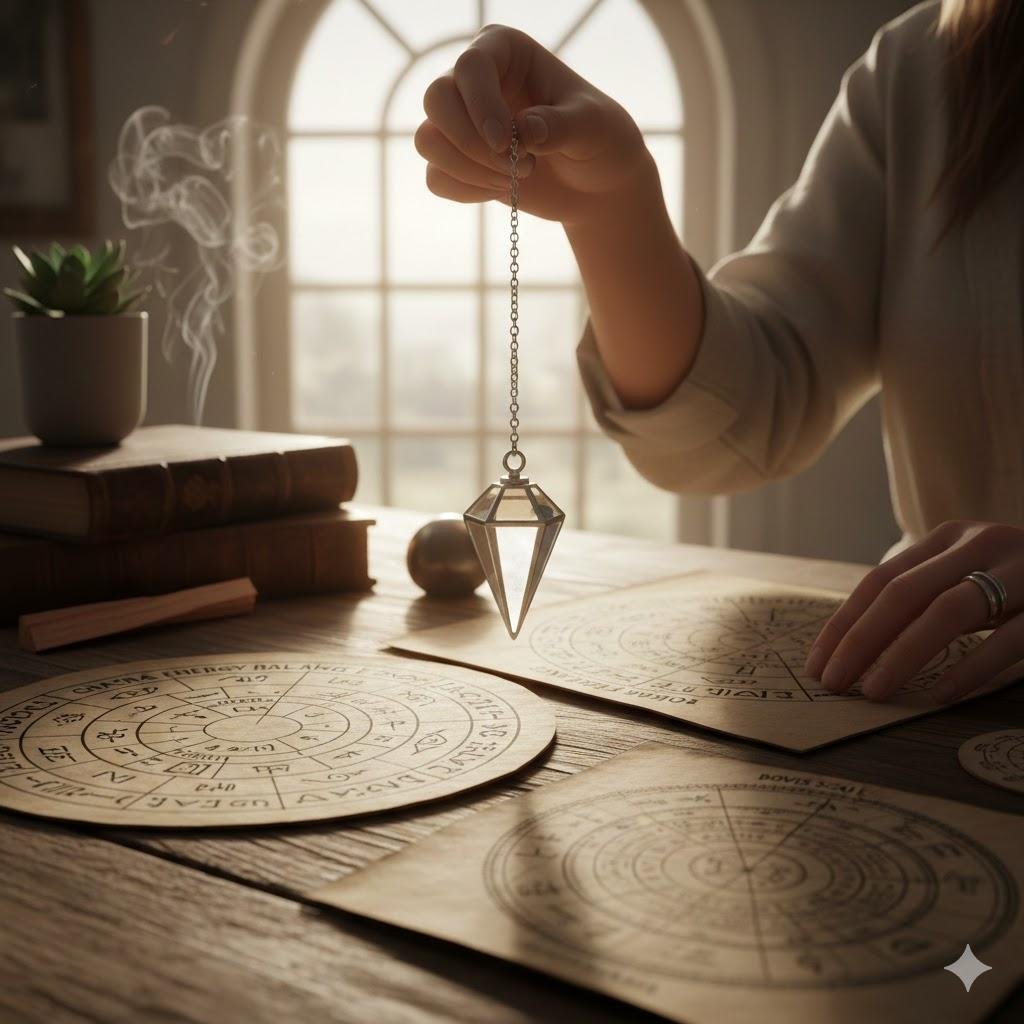 Mujer sosteniendo un péndulo esotérico sobre tablas de Registros Akáshicos