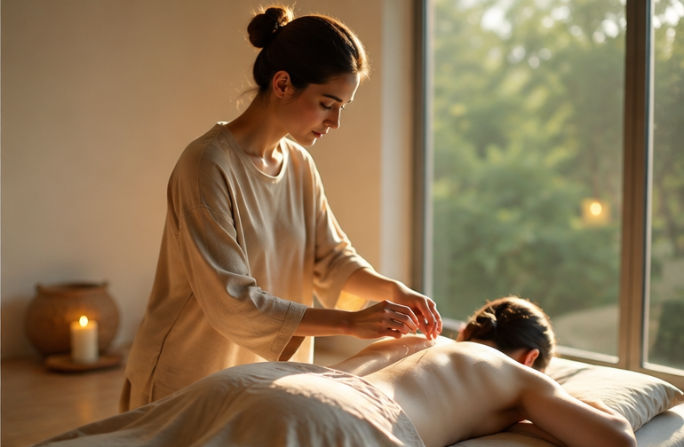 Dona rebent acupuntura corporal en un espai tranquil