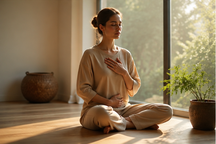 Dona meditant i realitzant respiració abdominal
