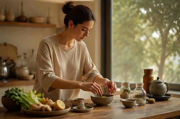 Dona preparant aliments frescos a la cuina