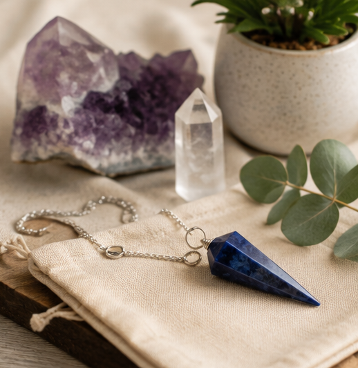 Péndulo de cristal azul junto a minerales y cuarzos para la Sanación energética con Registros Akáshicos