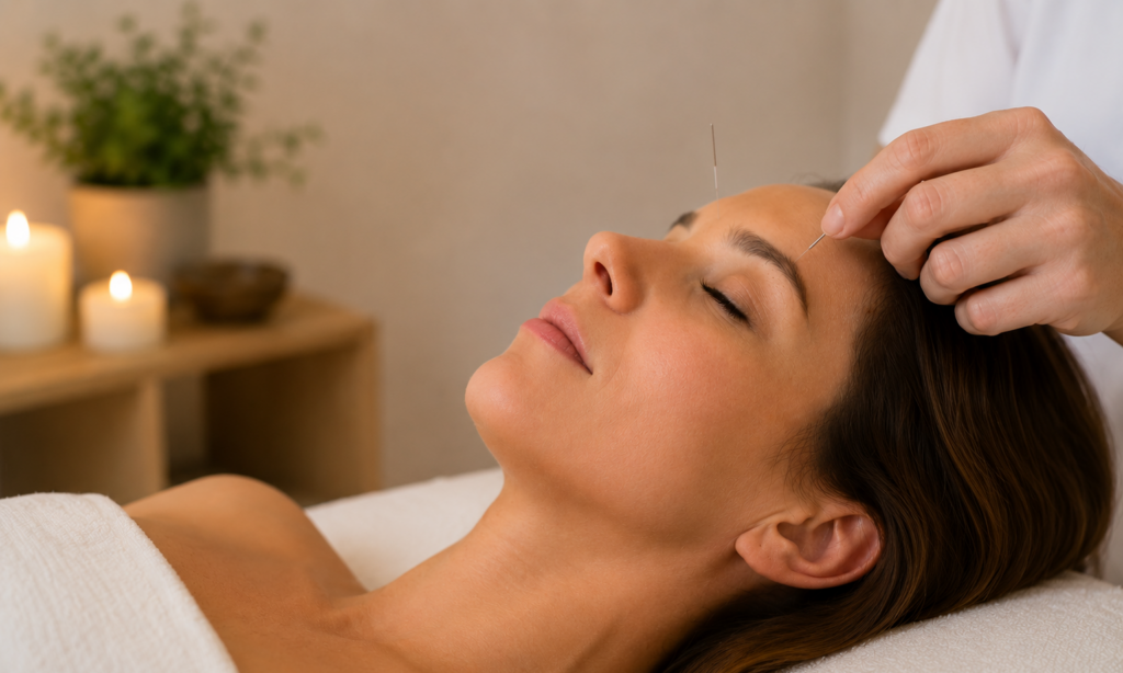 Mujer recibiendo acupuntura facial como parte de las terapias orientales y energéticas