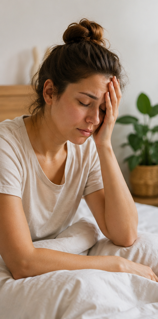 Mujer cansada al despertar después de dormir